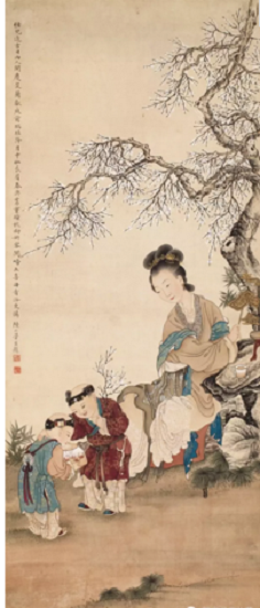 陆小曼 庭前嬉戏图 77.5×32厘米 绢本 立轴.png